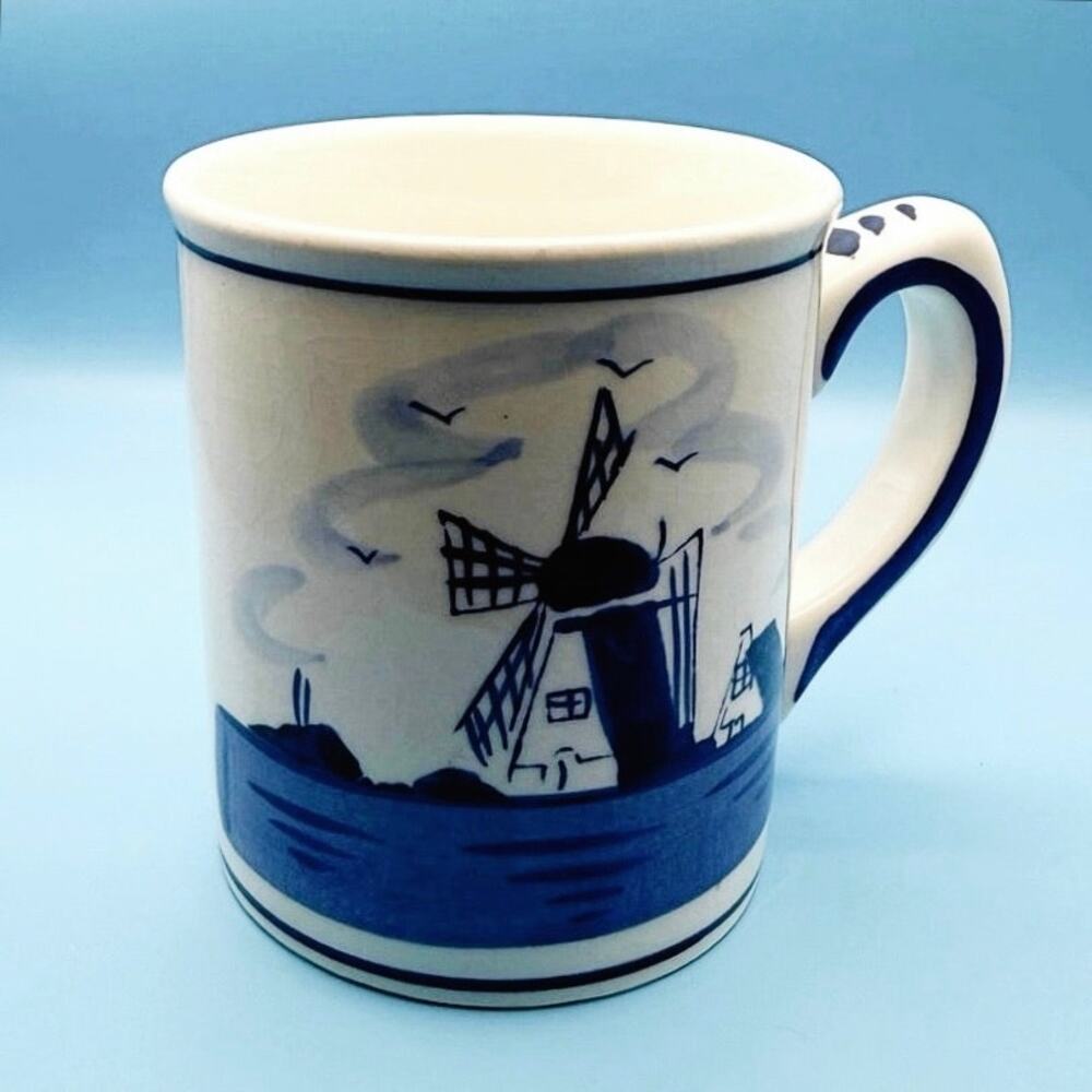 DAIC Delft Coffee Mug • Windmill & Floral • 4” • Vintage Holland • Crazing